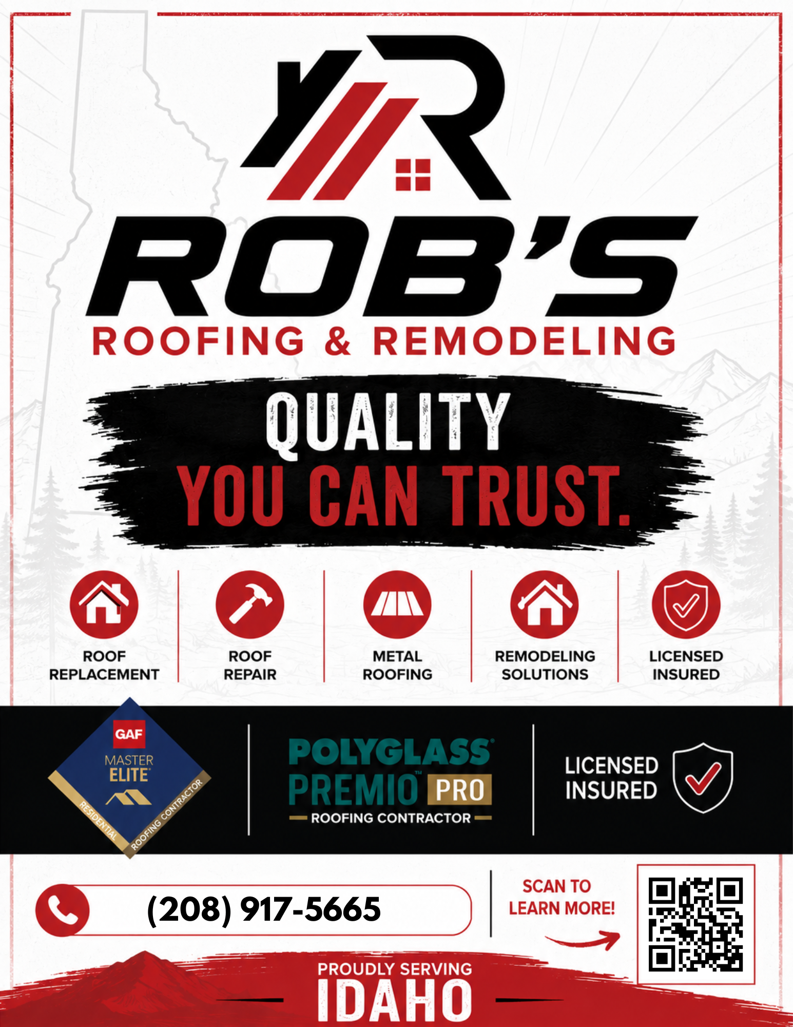 Rob's Roofing Idaho flyer with five service icons and QR code