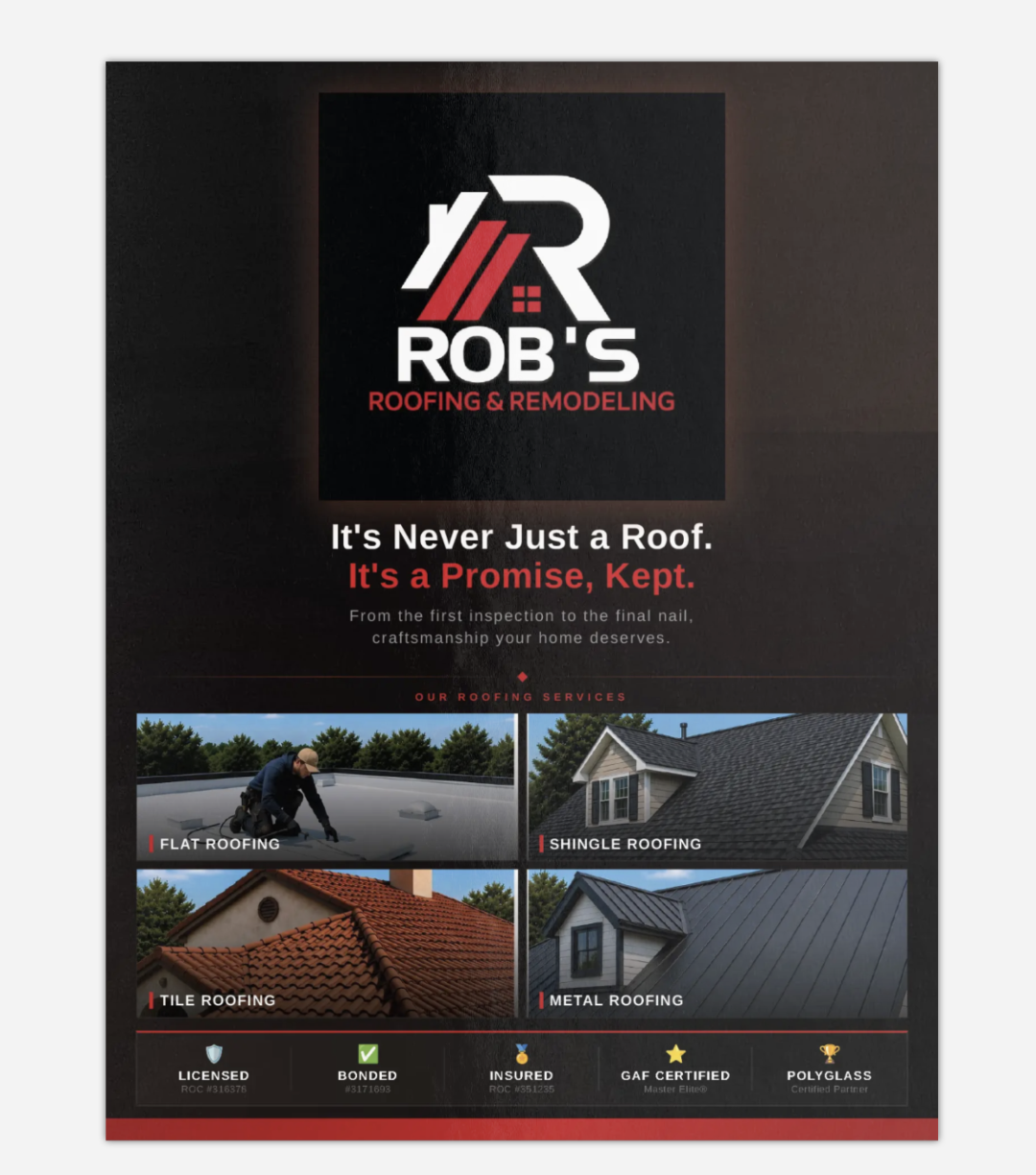 Rob's Roofing flyer, front