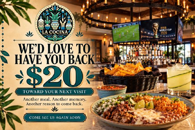 La Cocina $20 come-back offer card, front