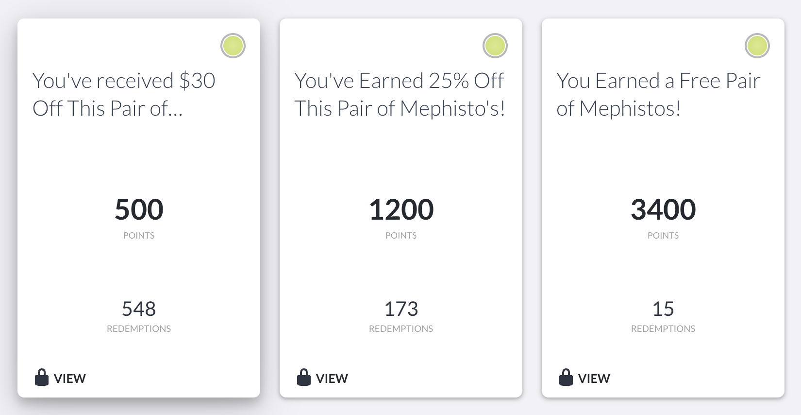 Tiered loyalty rewards: $30 off, 25% off, and a free pair of Mephistos