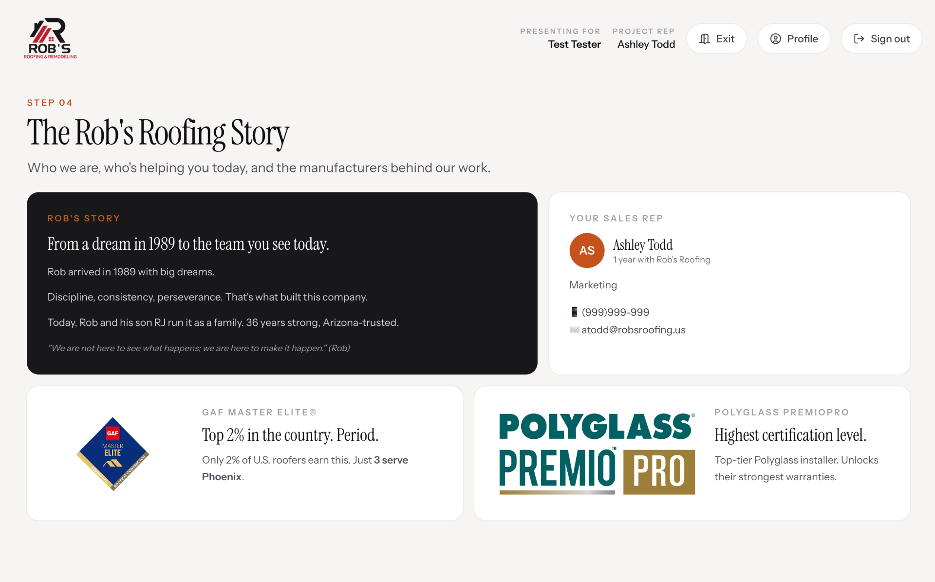 Step 04, Rob's Roofing story, sales rep contact card, and GAF Master Elite and Polyglass PremioPro partner badges