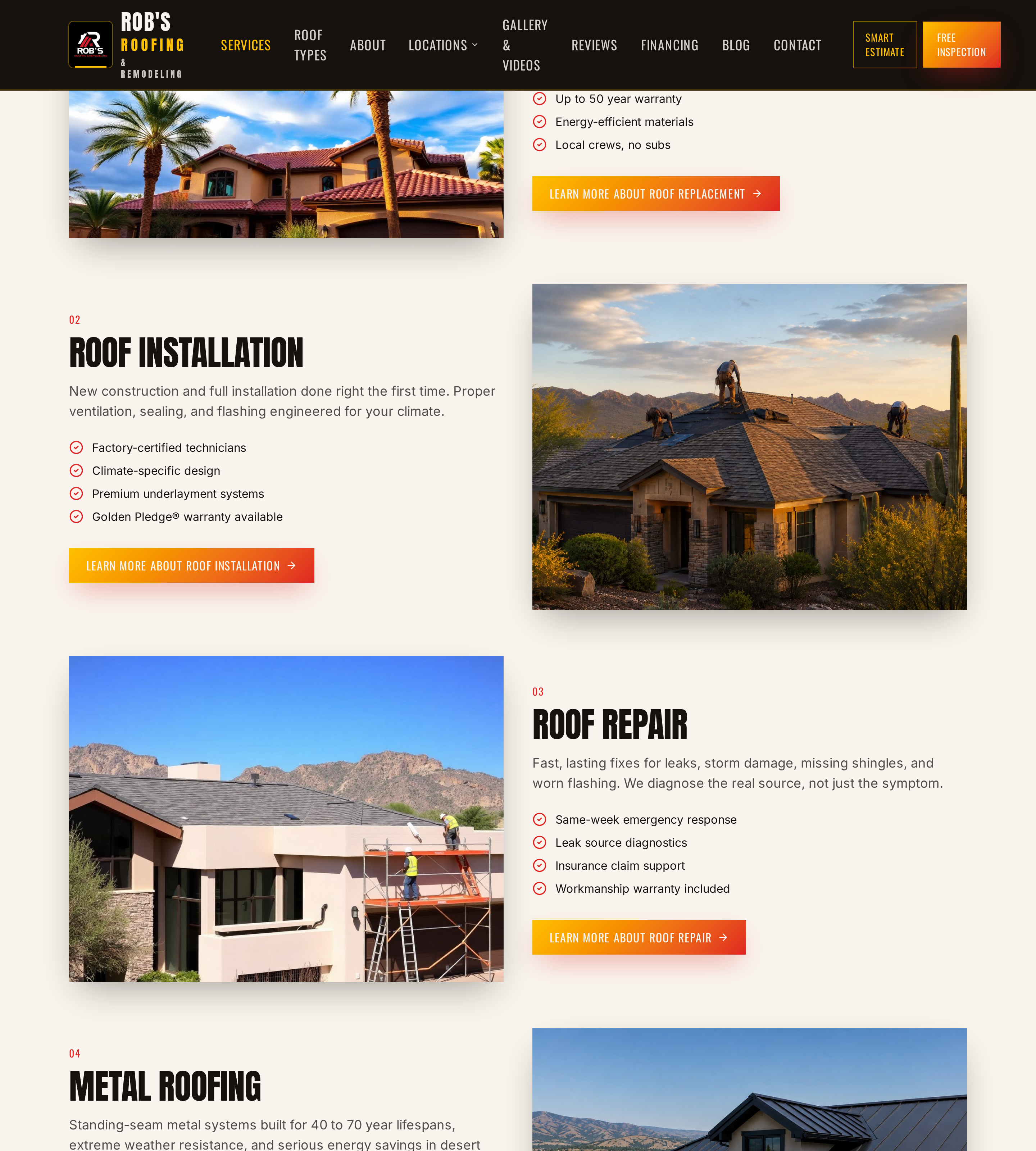 Services page grid, Replacement, Installation, Repair, Metal, Windows, Doors