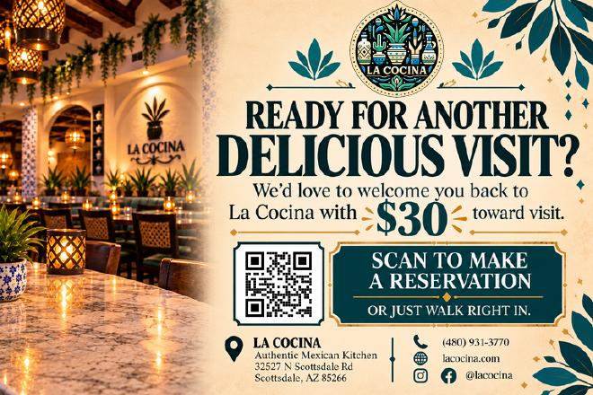 La Cocina $30 dinner's on us card, back