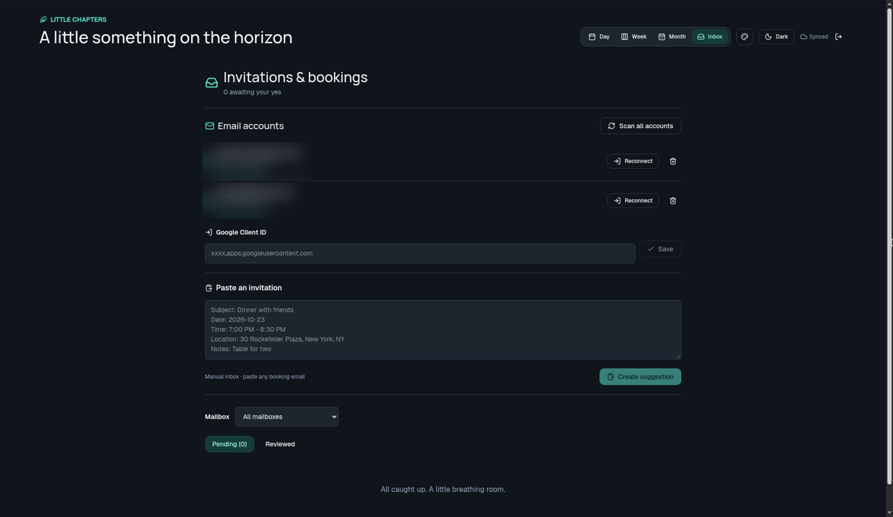 Invitations and bookings inbox with connected email accounts.