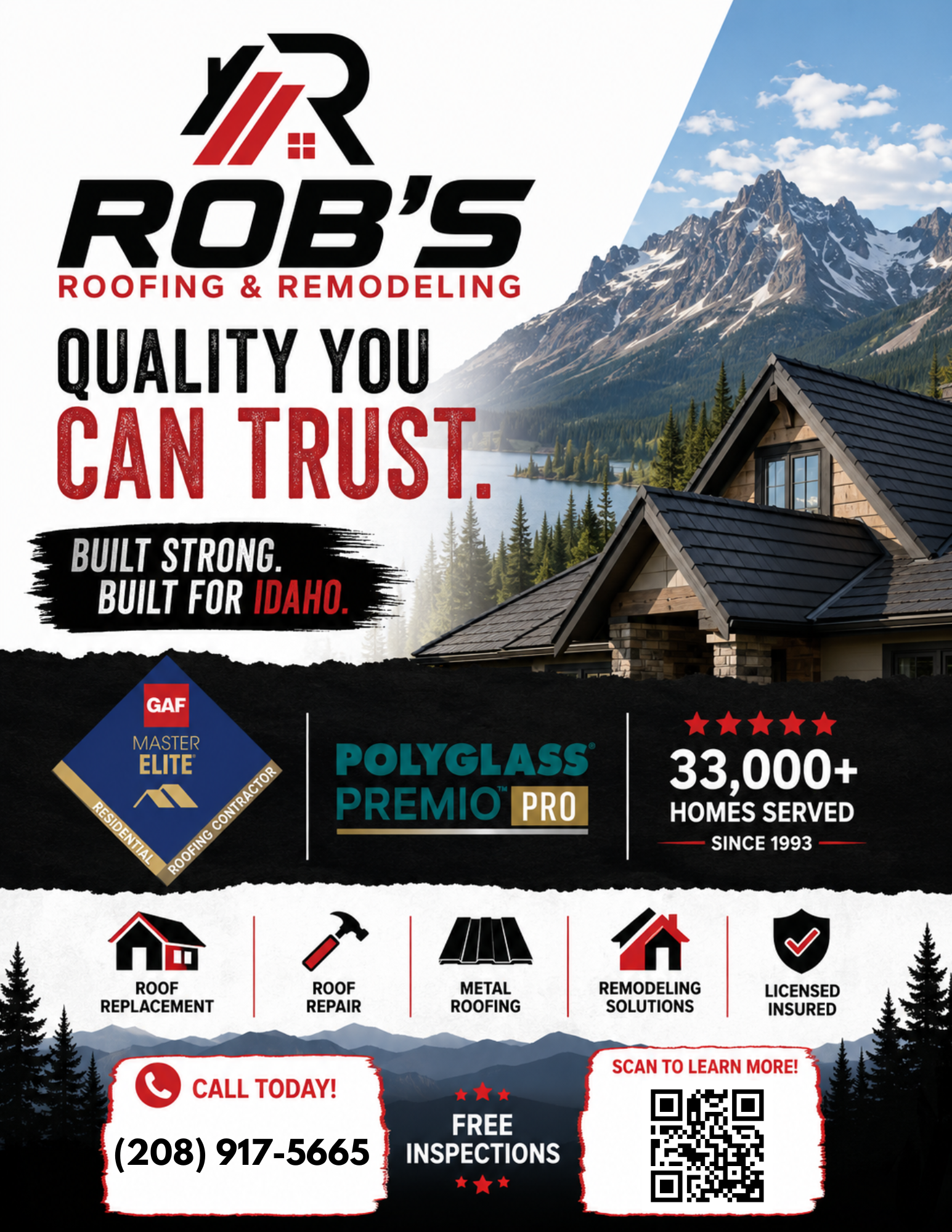 Rob's Roofing flyer, Built Strong. Built for Idaho. 33,000+ homes served since 1993