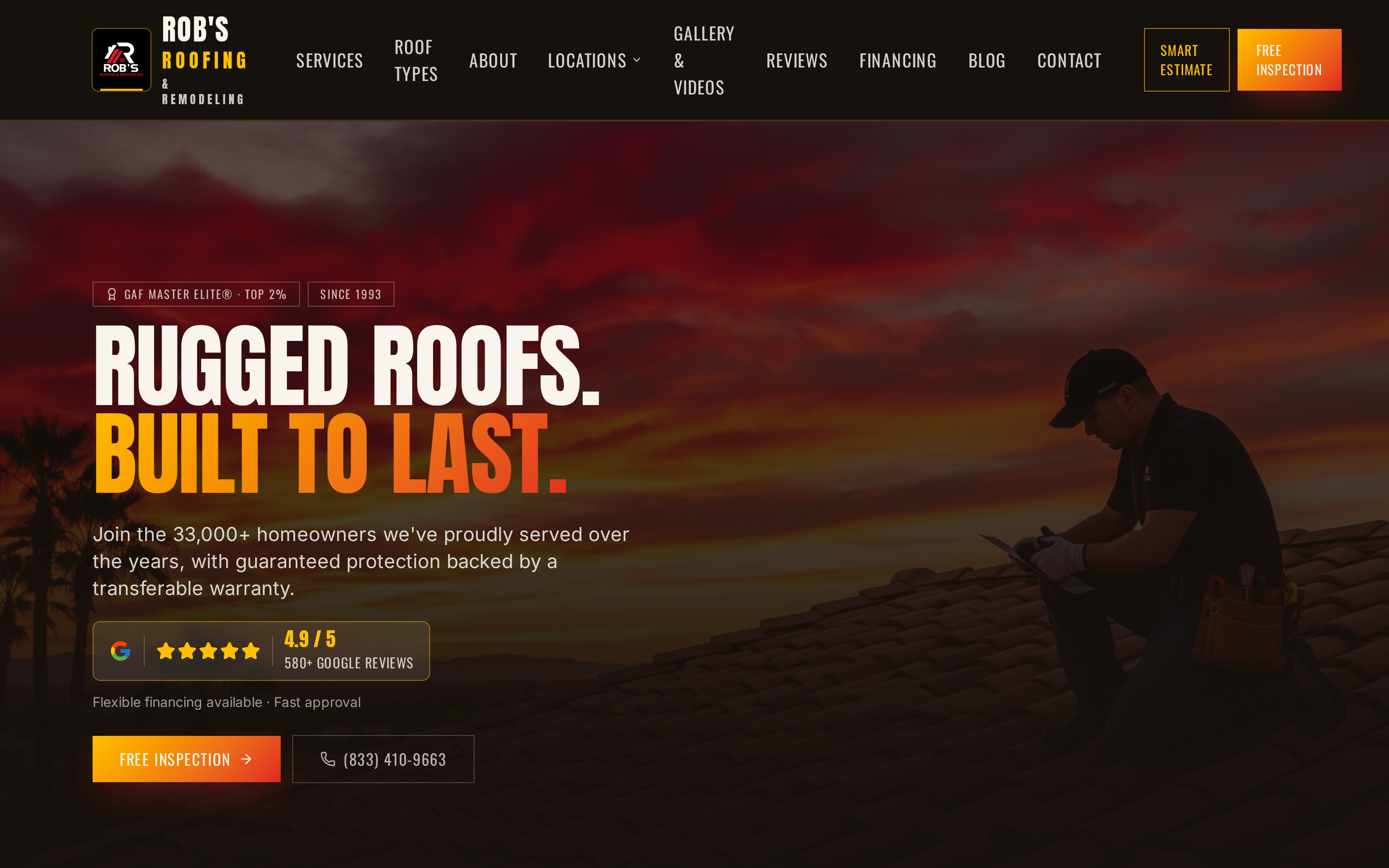 Rob's Roofing homepage hero, 'Rugged Roofs. Built To Last.'