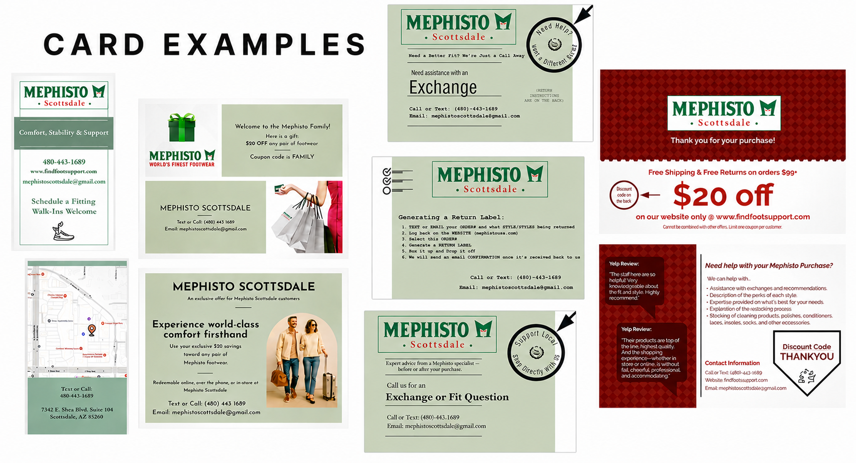 Mephisto Scottsdale card examples, thank you, exchange, return, welcome, location
