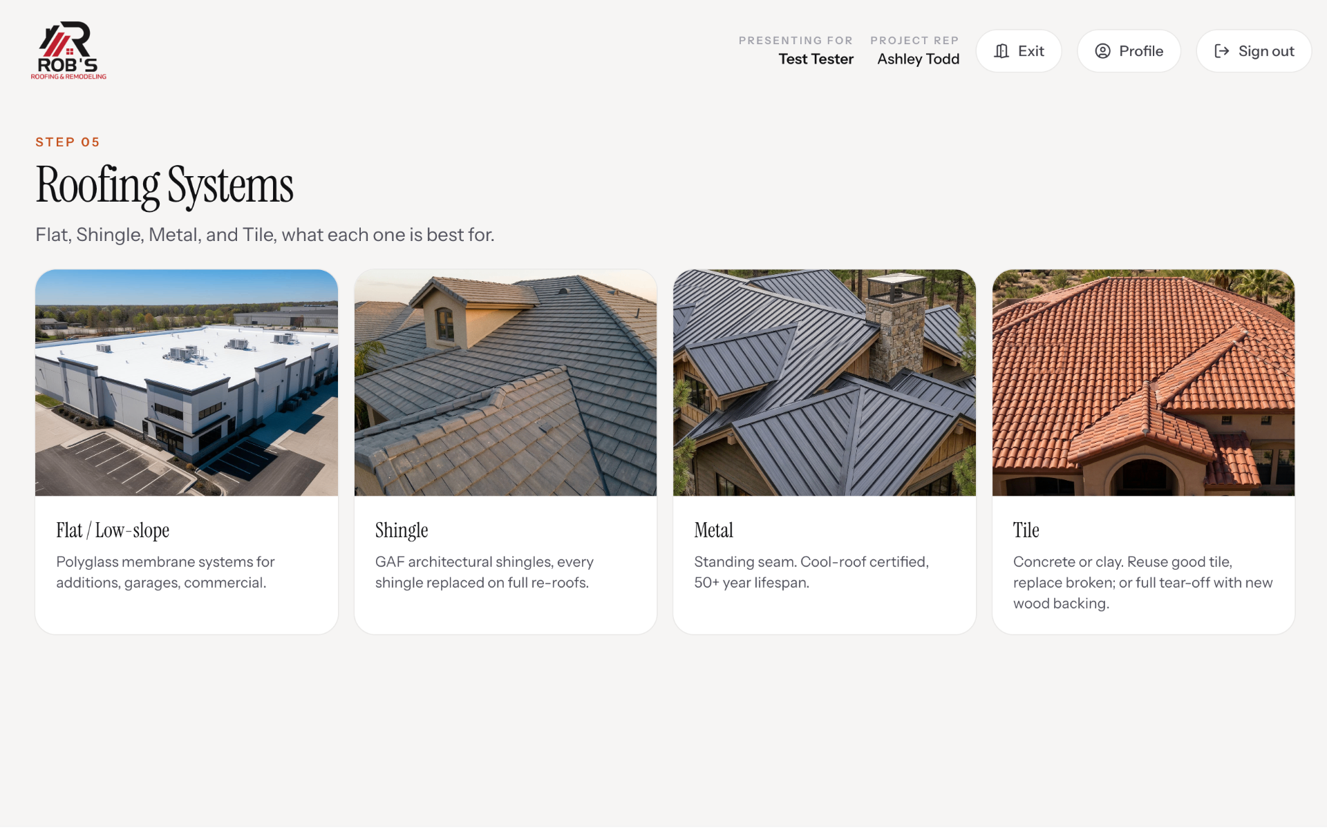 Step 05, Roofing systems comparison grid: flat, shingle, metal, tile