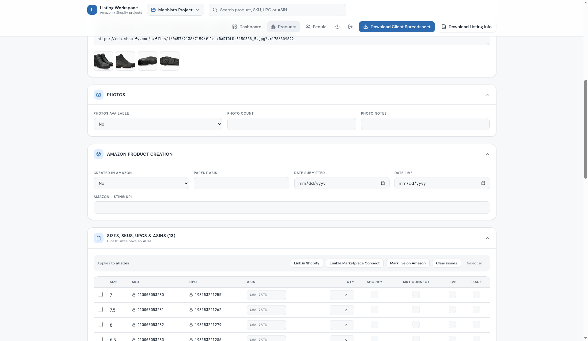 Sizes, SKUs, UPCs and ASINs table with bulk actions.