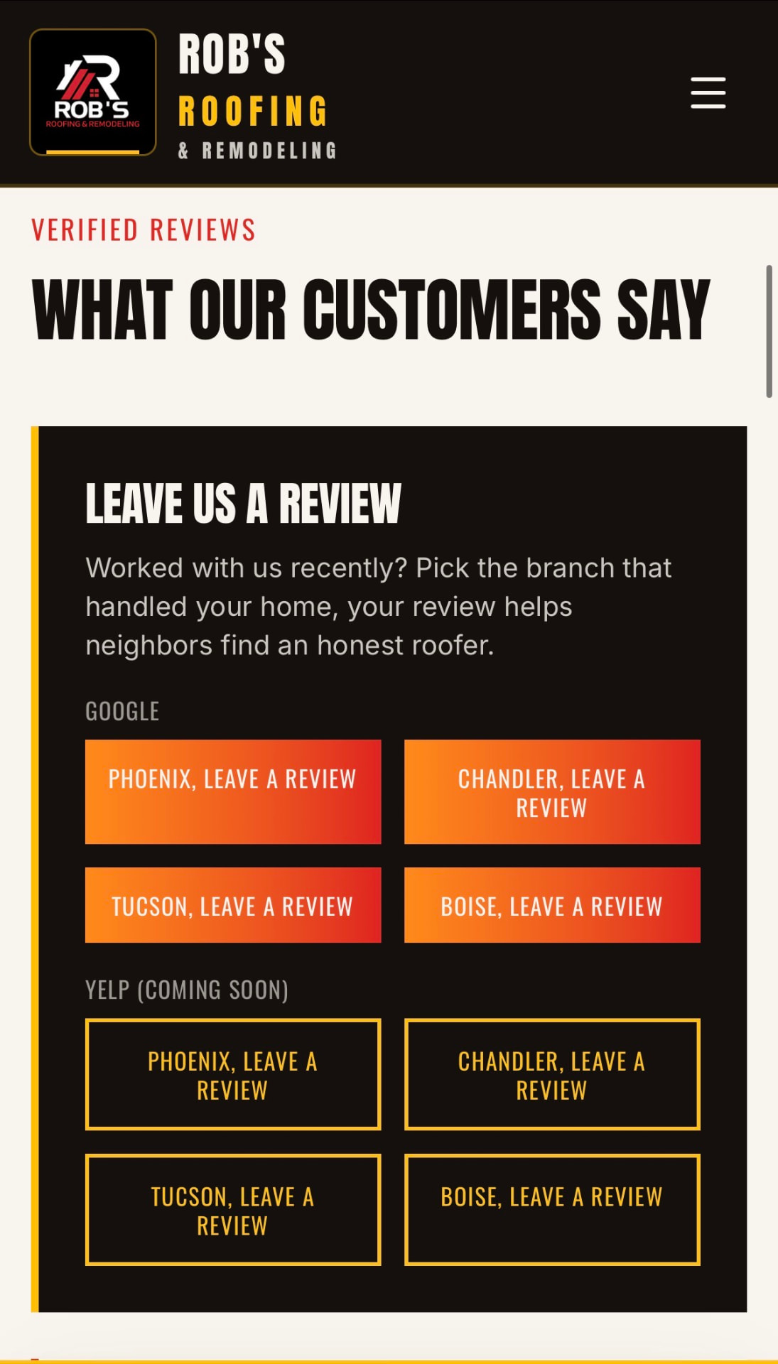 Hidden Rob's Roofing branch review router on mobile