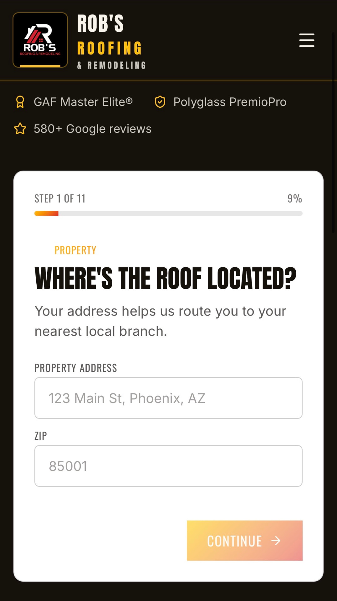 Smart estimate step 1 on mobile