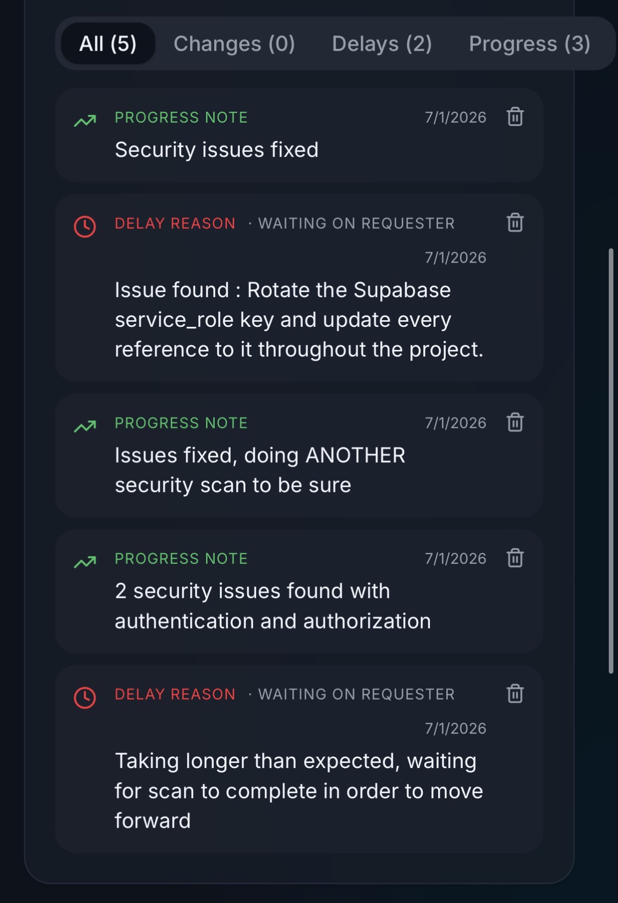 Activity feed with progress notes and delays