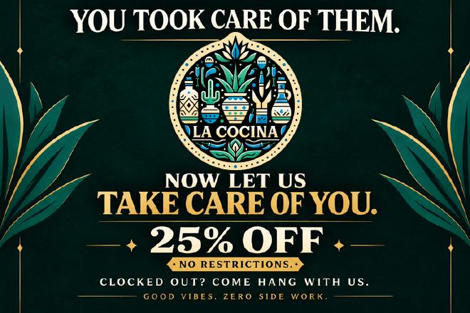 La Cocina Industry night, 25% off card, front