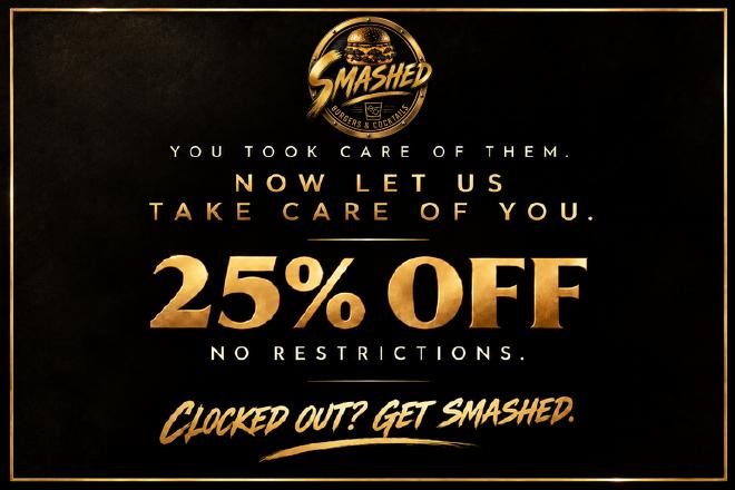 Smashed Burgers & Cocktails Industry night, 25% off card, front