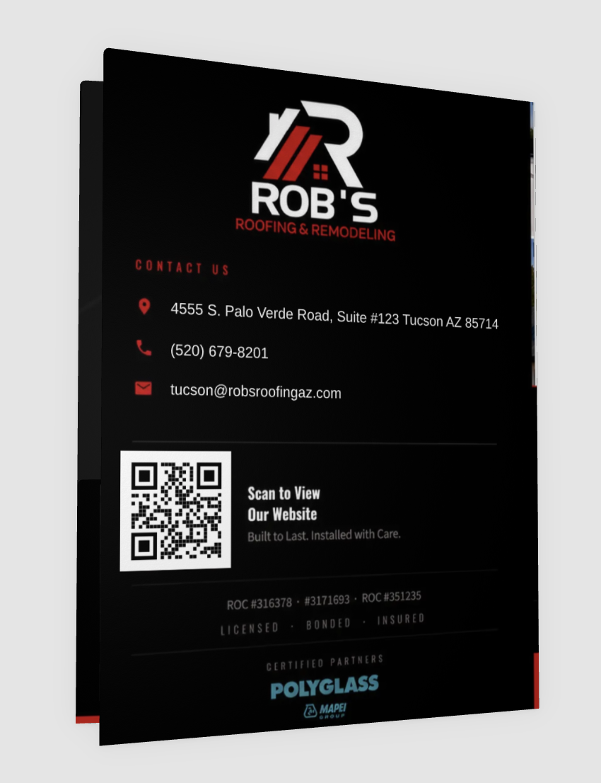 Rob's Roofing presentation folder, back cover