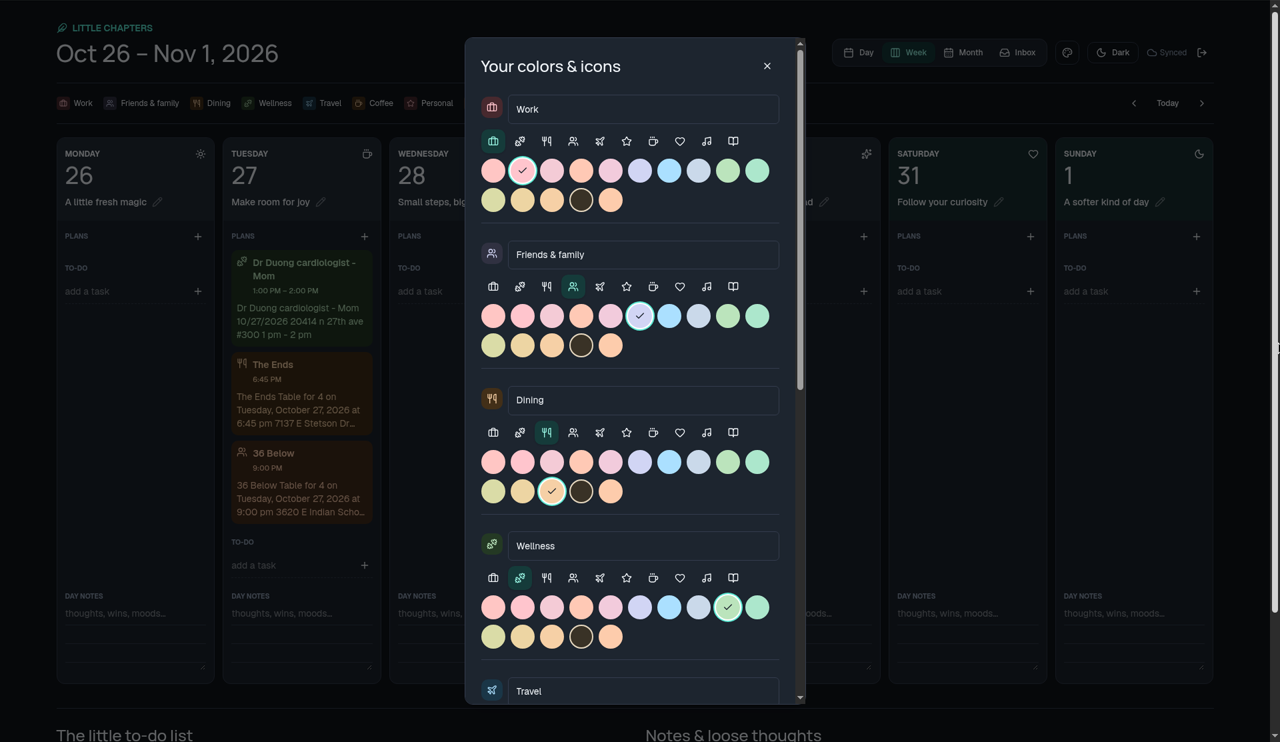 Color and icon picker for each category.