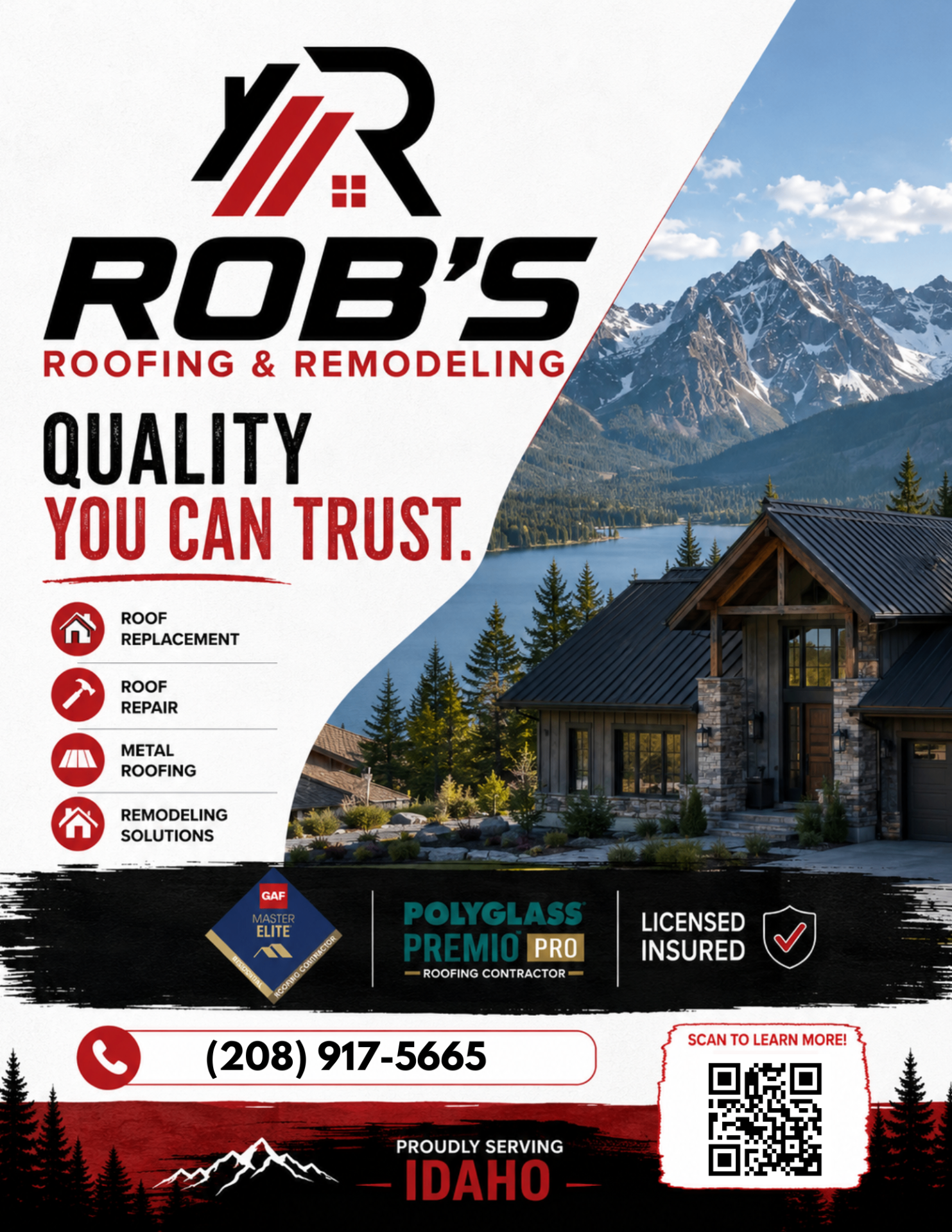 Rob's Roofing flyer with vertical service list and mountain lake photography