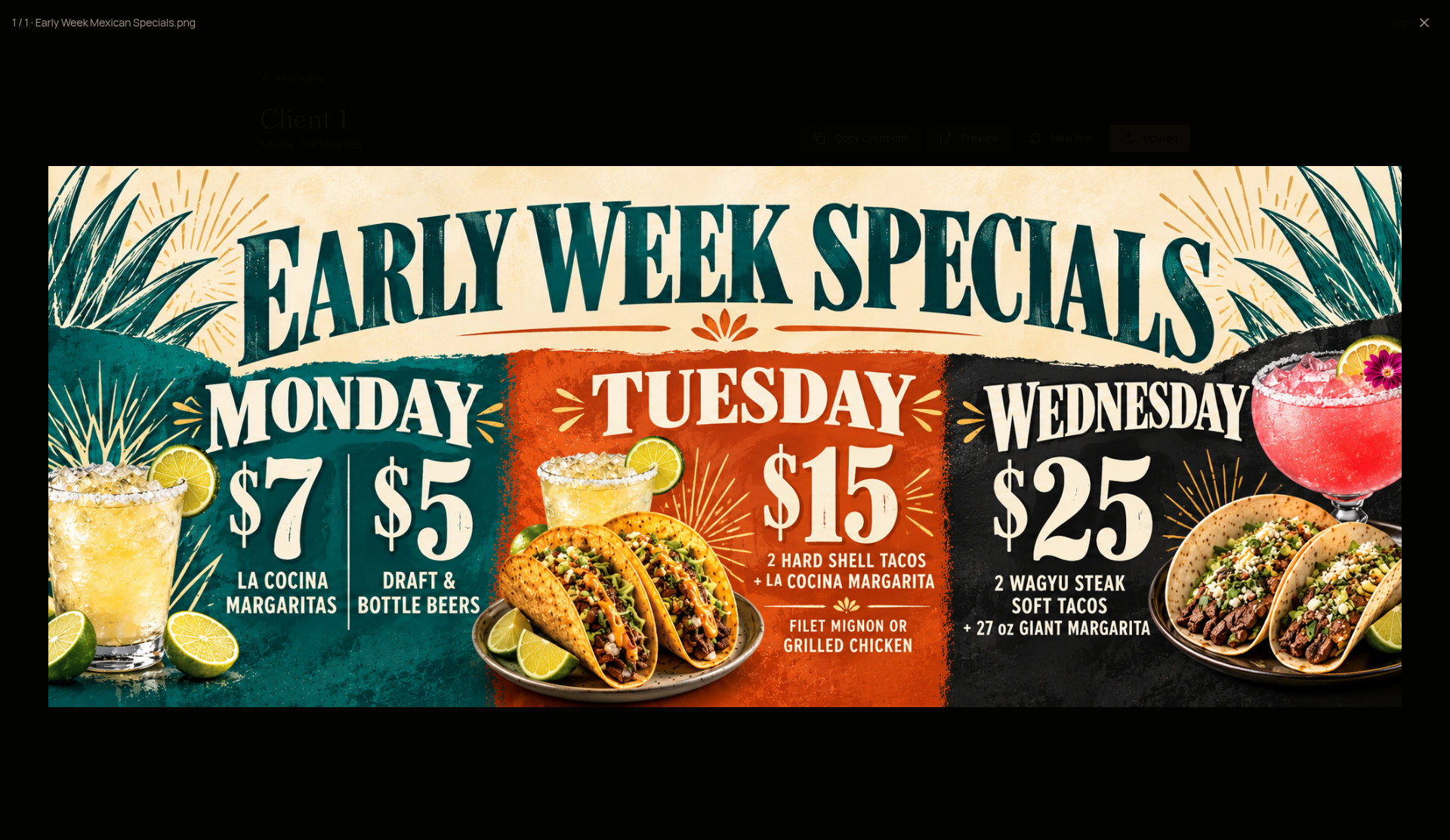 La Cocina Early Week Specials graphic in full screen view.