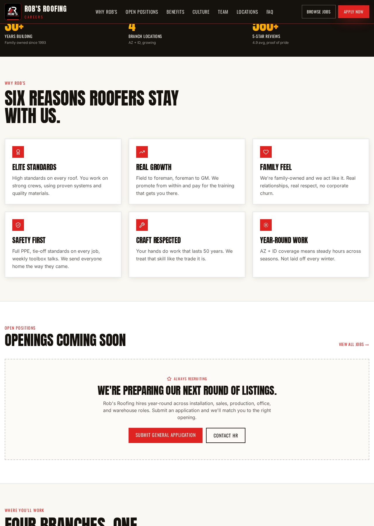 Six reasons roofers stay with us, with an always recruiting general application block.