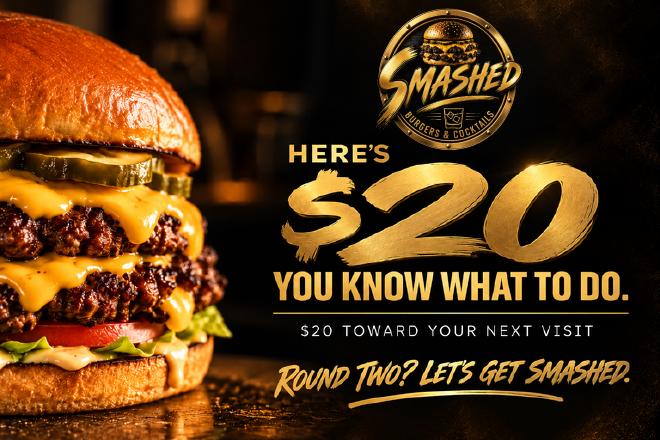 Smashed Burgers & Cocktails $20 round two card, front