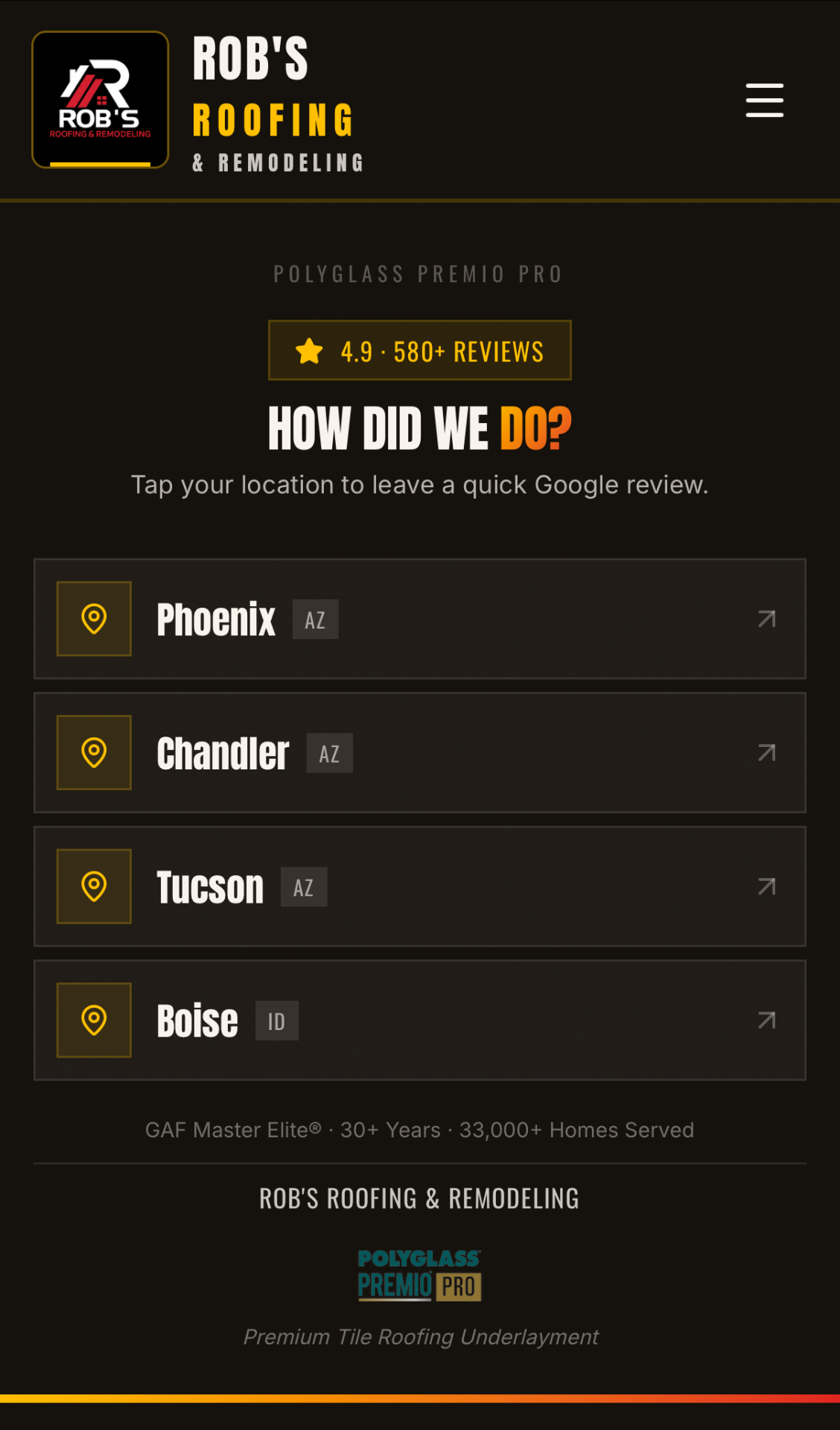 Hidden Rob's Roofing review router page with Phoenix, Chandler, Tucson, and Boise branch buttons