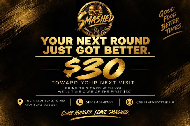 Smashed Burgers & Cocktails $30 next round card, back