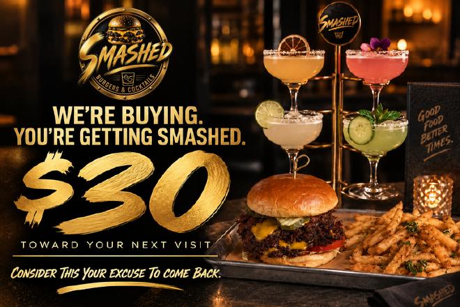 Smashed Burgers & Cocktails $30 next round card, front
