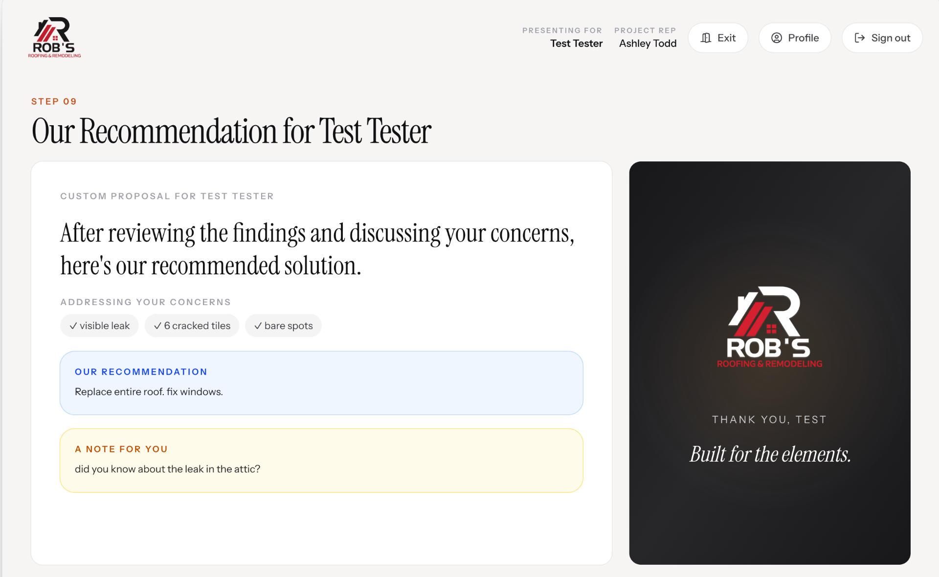 Step 09, Personalized recommendation for the homeowner with a branded thank-you panel