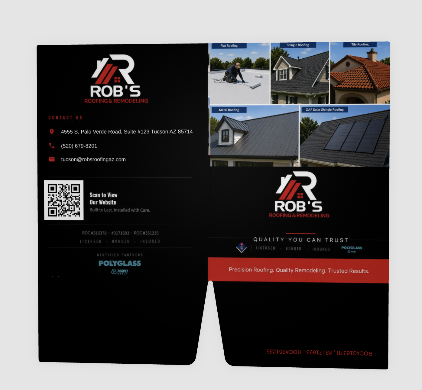Rob's Roofing presentation folder, unfolded back