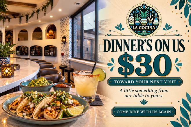 La Cocina $30 dinner's on us card, front