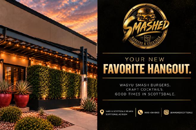Smashed Burgers & Cocktails Grand opening card, back