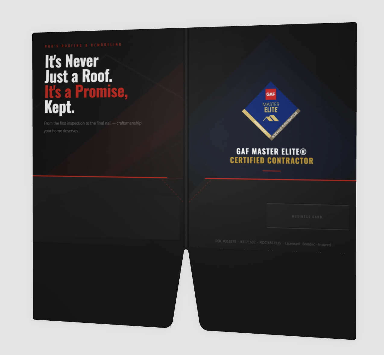 Rob's Roofing presentation folder, inside spread