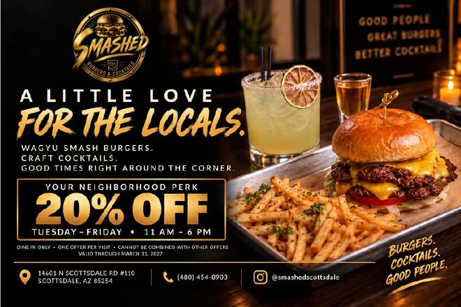Smashed Burgers & Cocktails Locals perk, 20% off card, back