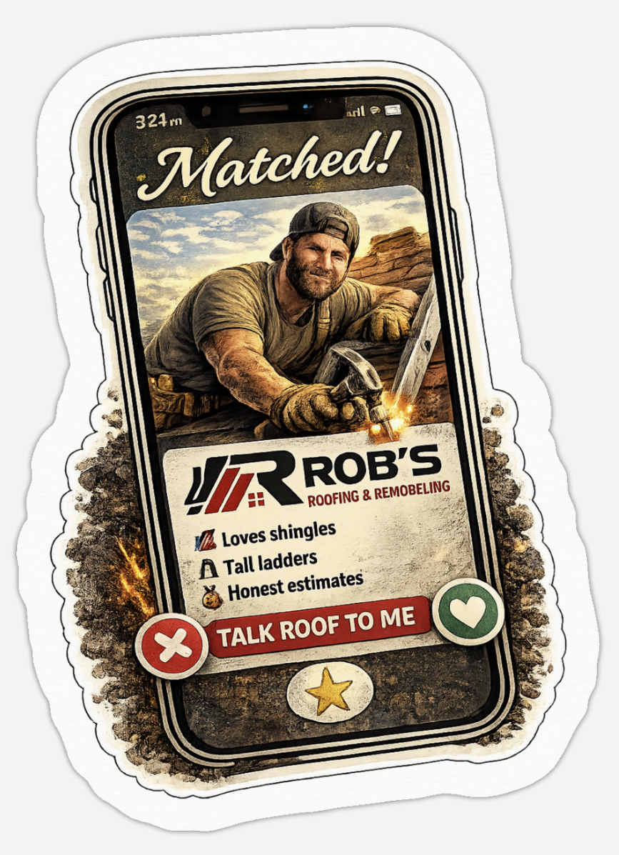 Rob's Roofing sticker, dating app parody, 'Matched! Talk roof to me.'
