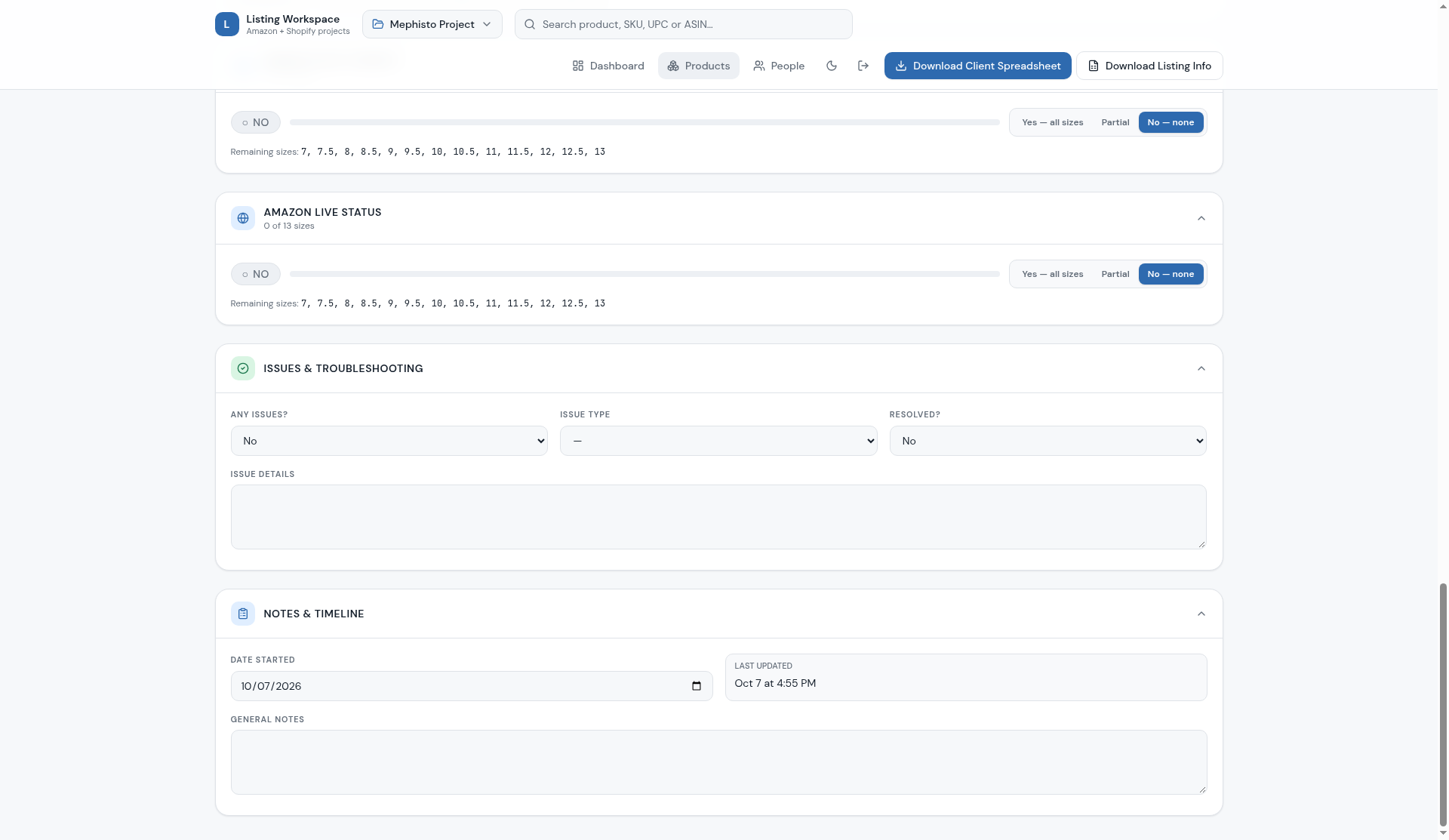 Amazon live status, issues and troubleshooting, and notes and timeline sections.