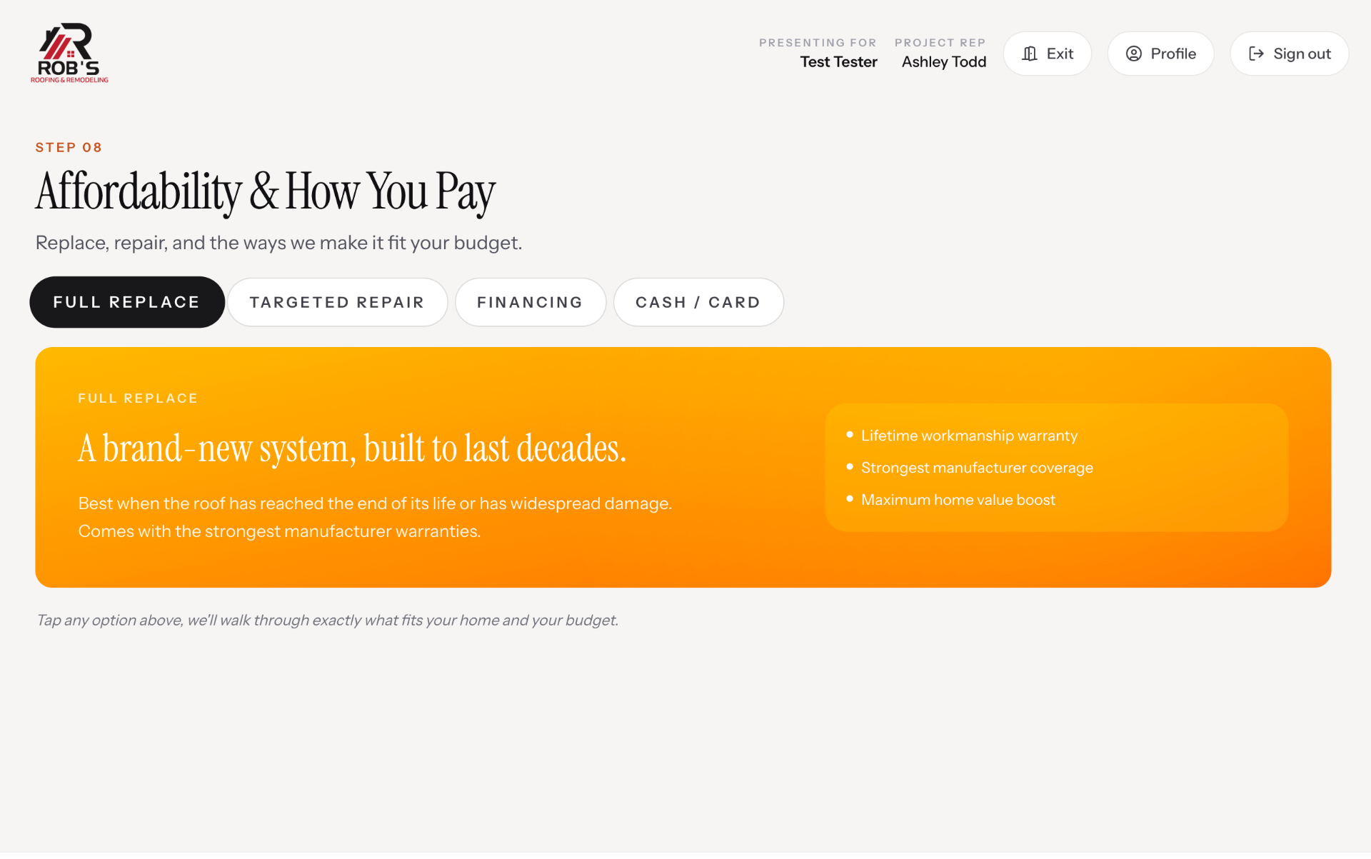 Step 08, Affordability tabs: full replace, targeted repair, financing, cash / card