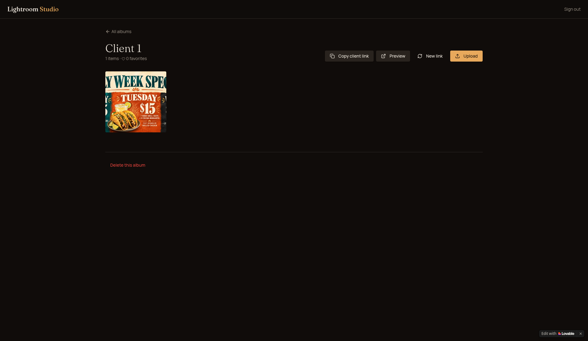 Client album with upload, copy link, preview and new link buttons.