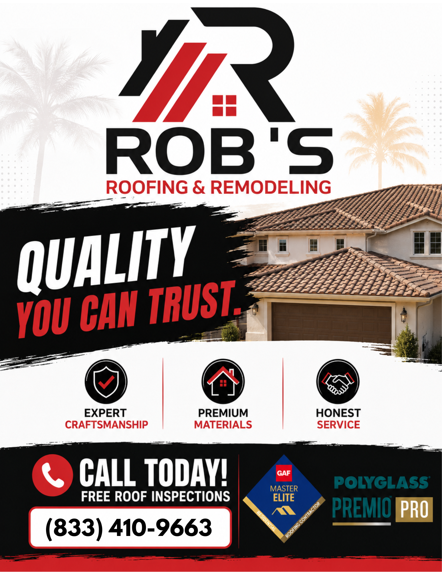 Rob's Roofing Arizona flyer with palm trees and Free Roof Inspections offer