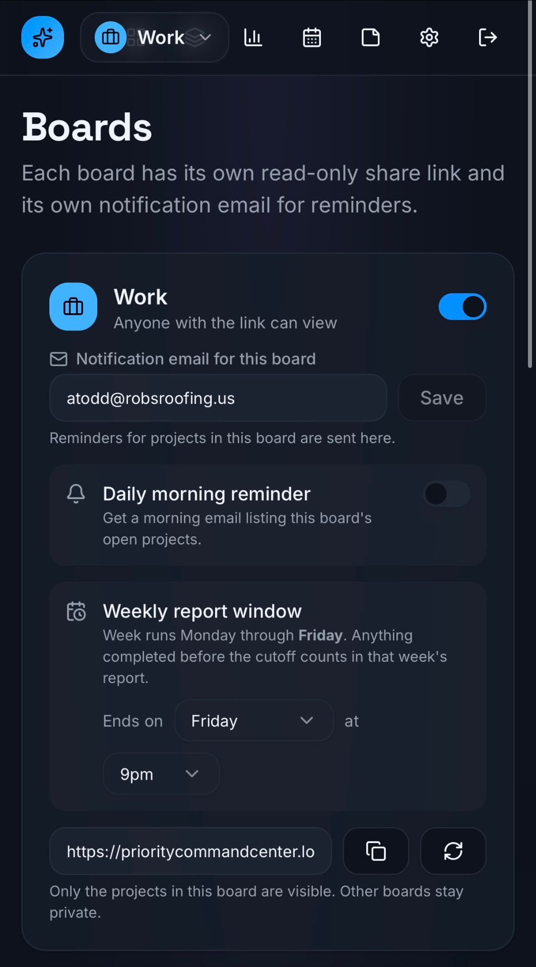 Board share and reminder settings