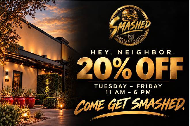 Smashed Burgers & Cocktails Locals perk, 20% off card, front