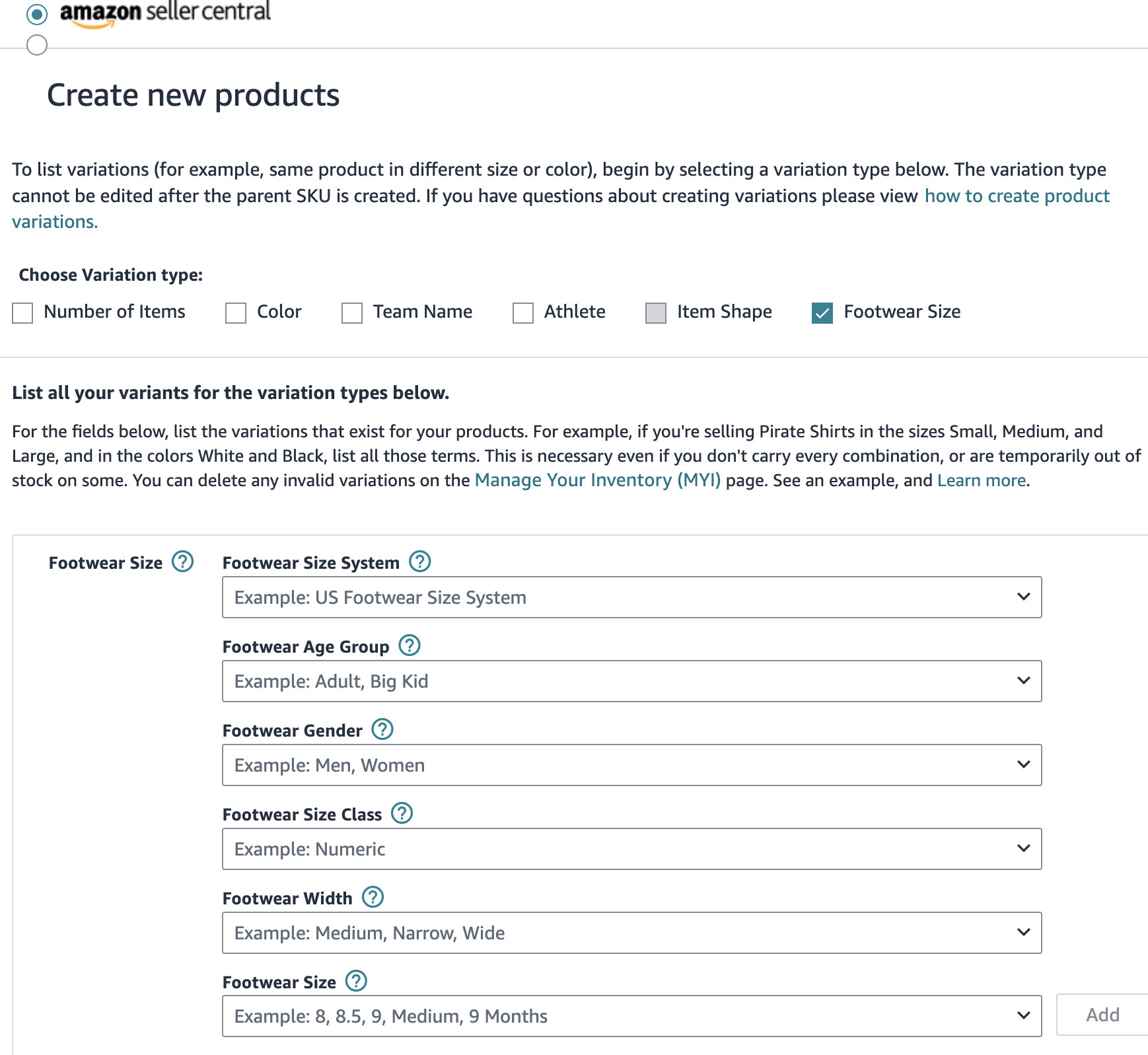 Amazon variation type setup