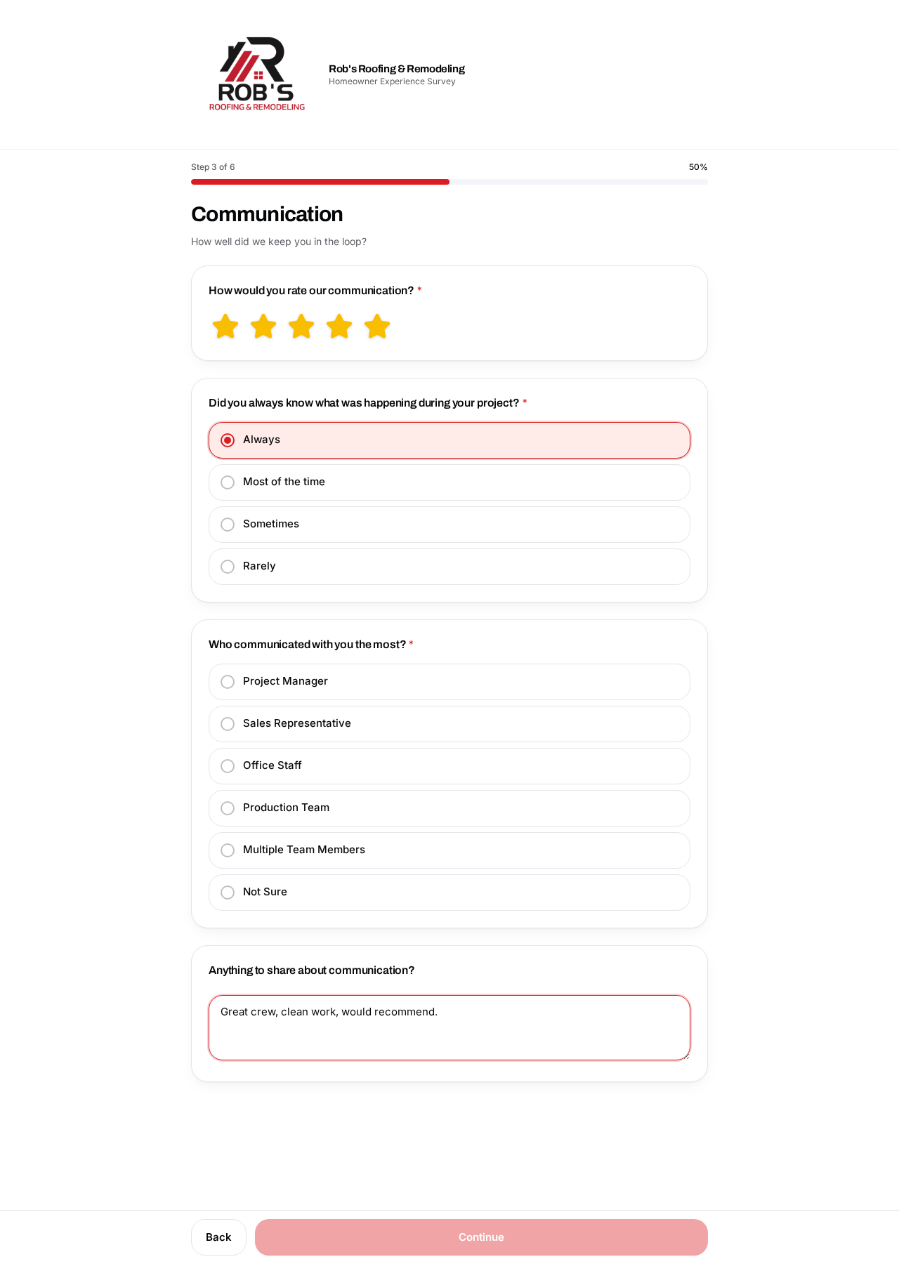 Communication step asking how well the team kept the homeowner in the loop