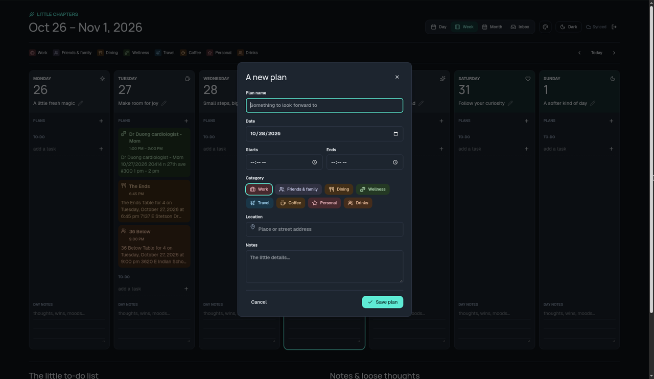 A new plan form with category choices.