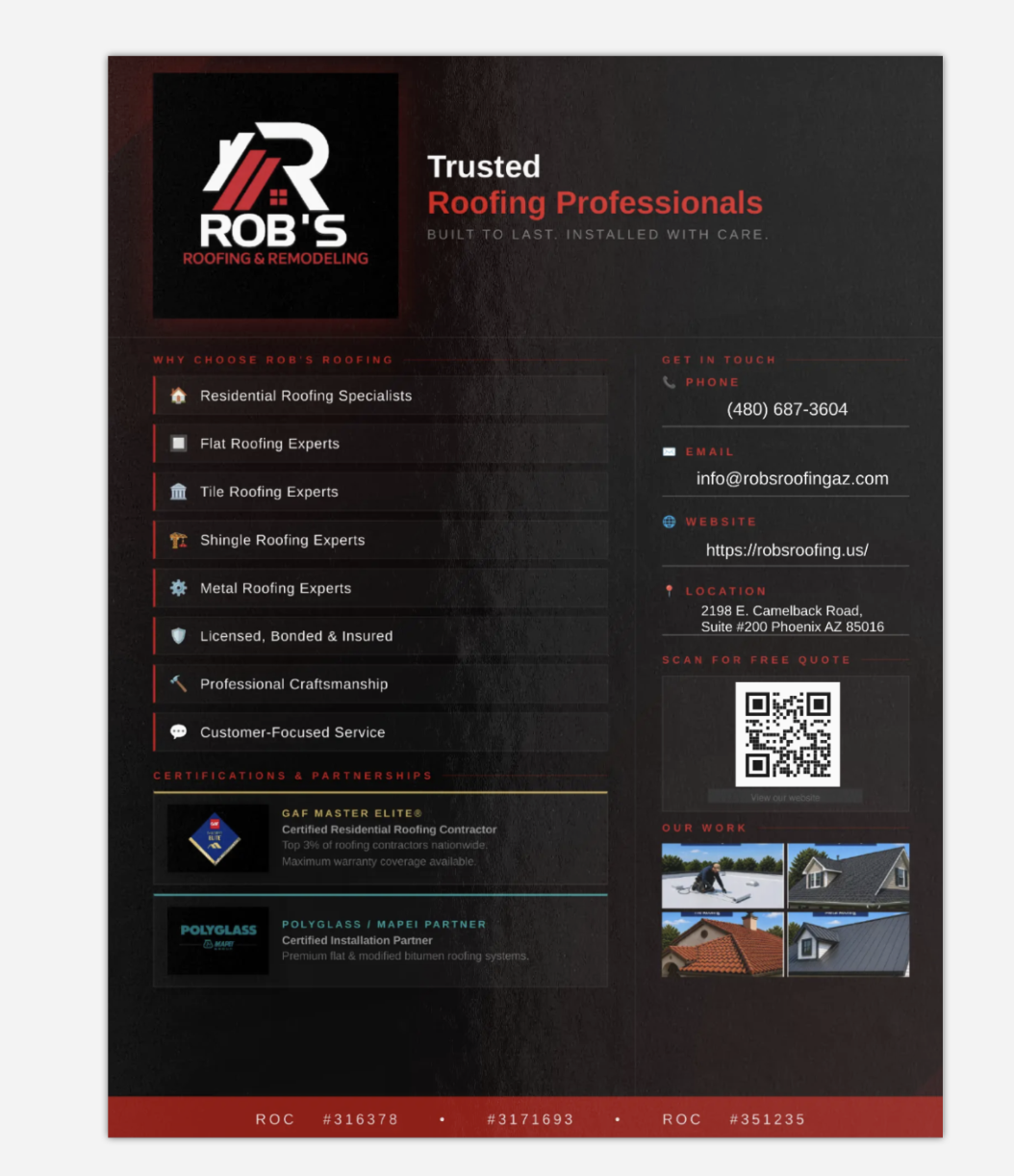 Rob's Roofing flyer, back
