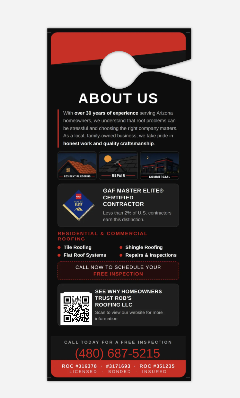 Rob's Roofing door hanger, back side