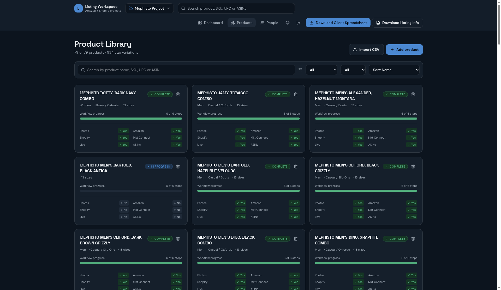Product library in dark mode with workflow cards.
