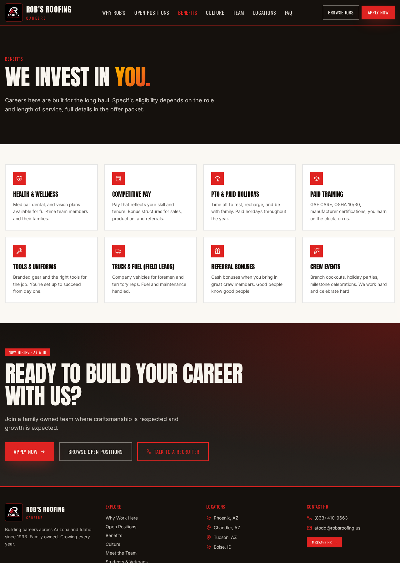 We invest in you, benefits grid with eight cards covering pay, health, training, and perks.