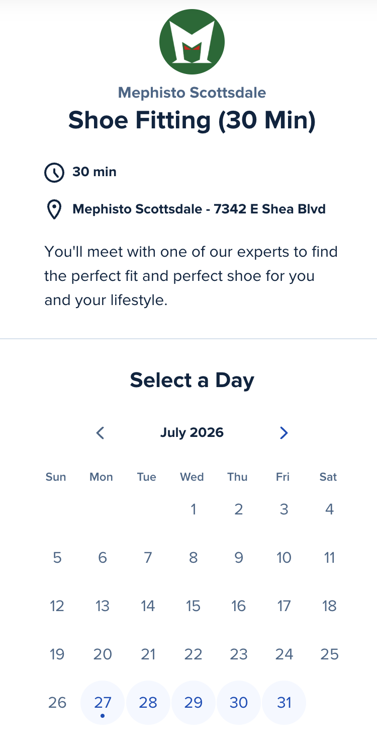 Mephisto Scottsdale 30 minute shoe fitting calendar