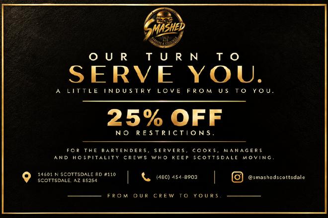 Smashed Burgers & Cocktails Industry night, 25% off card, back