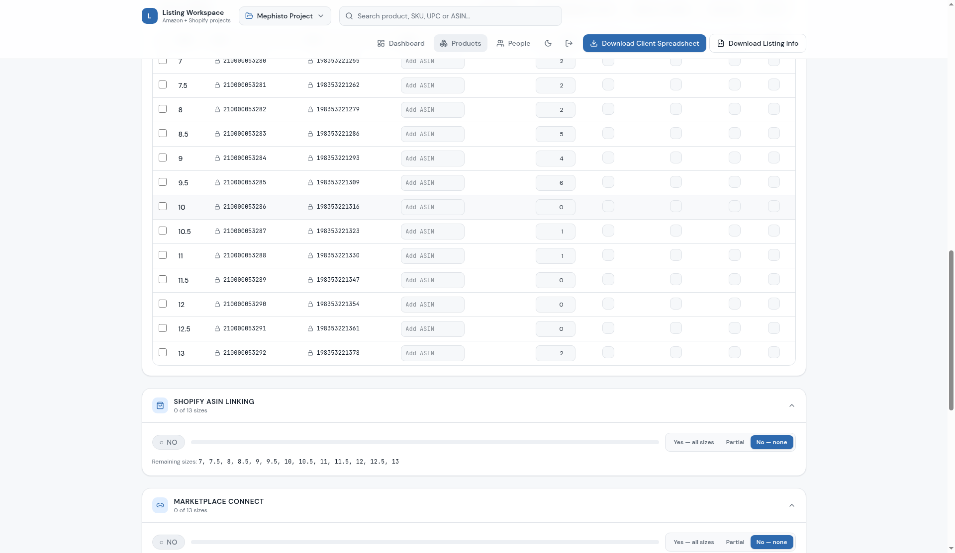 Full size table with Shopify ASIN linking progress below.